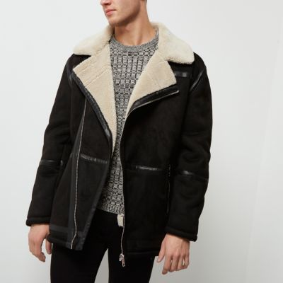 Black borg collar faux suede jacket